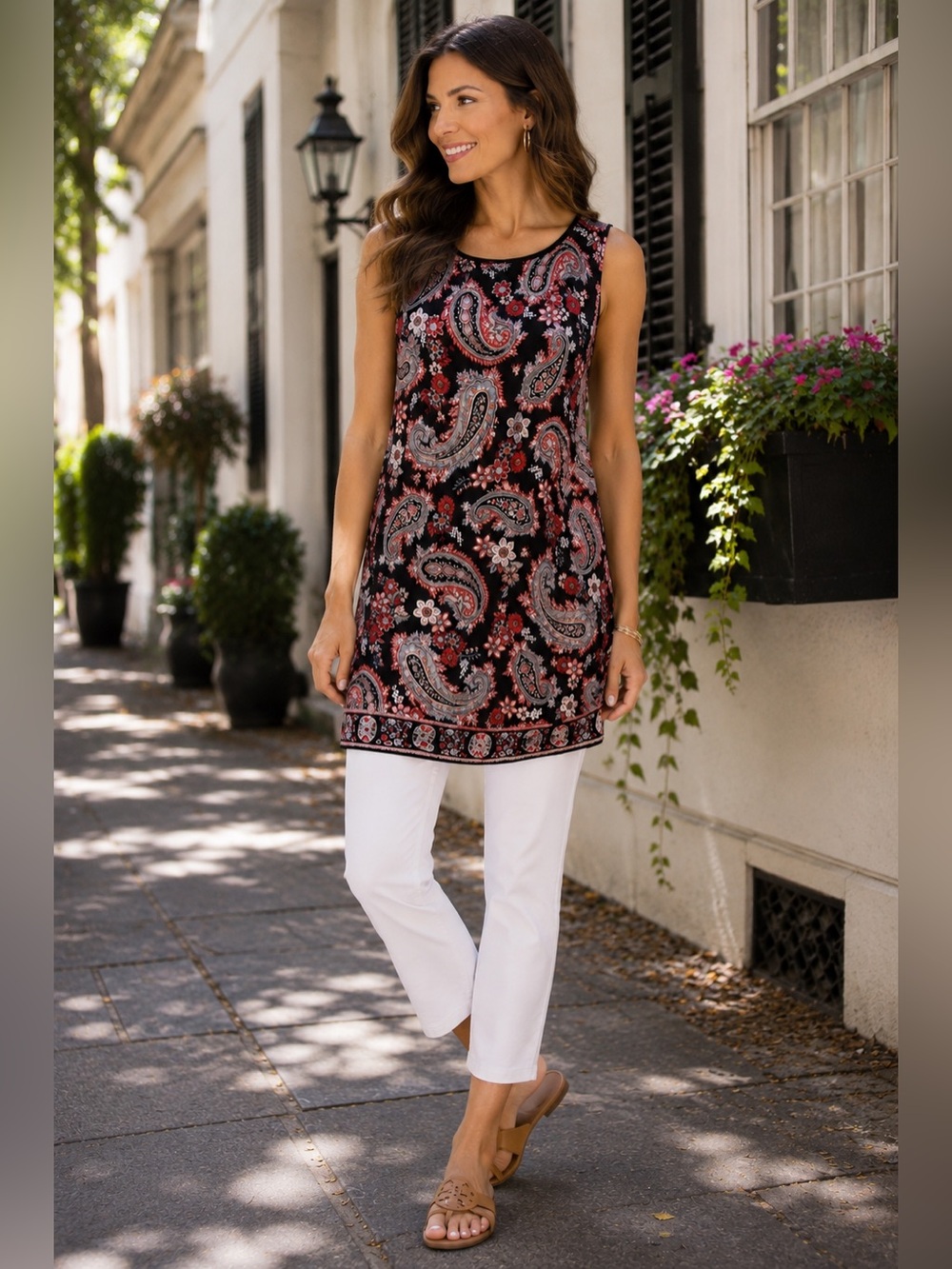 J. Jill Paisley Floral Tunic Top Black Red Sleeveless Size Large